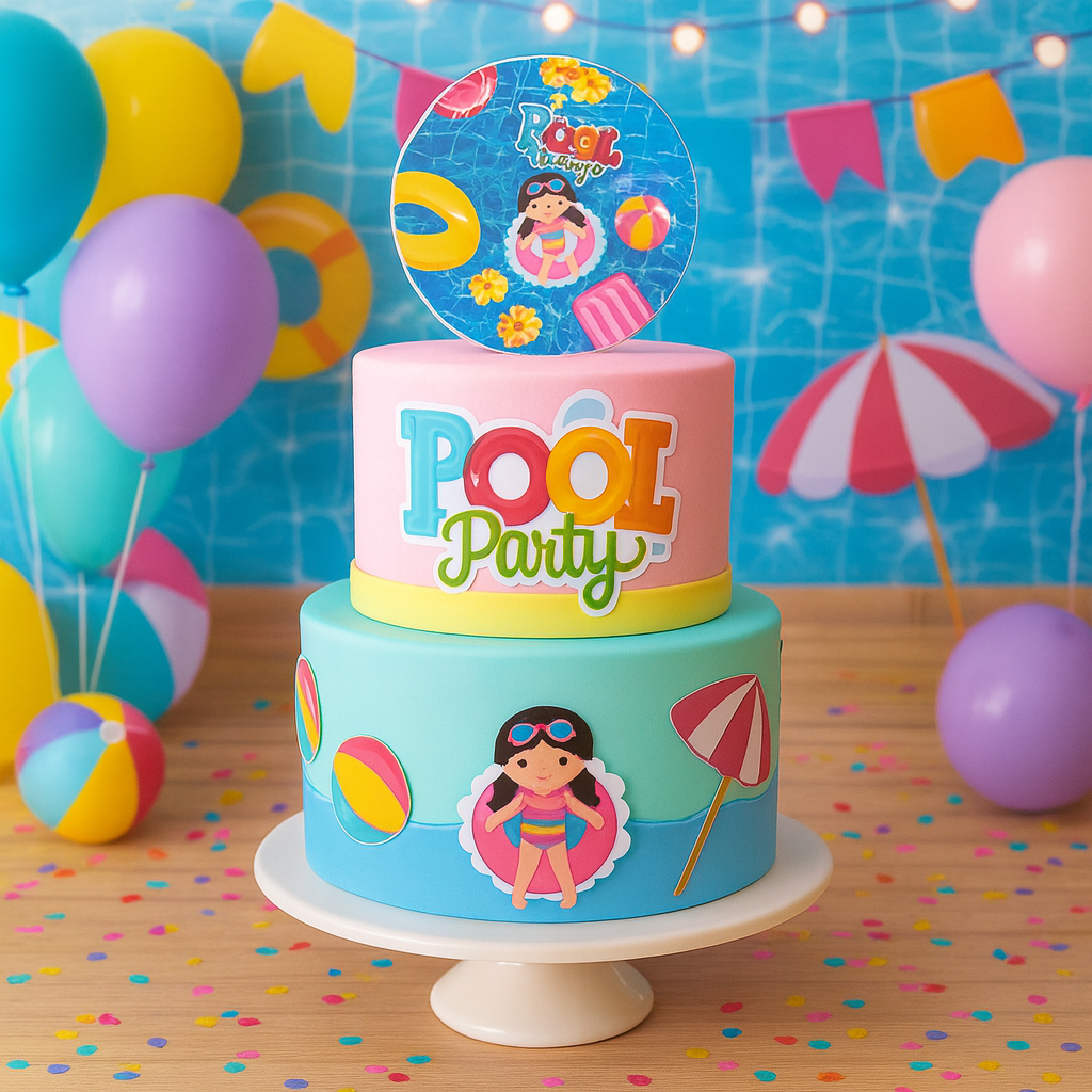 Bolo Fake / Falso Pool Party Menina Rosa - Festa Na Piscina