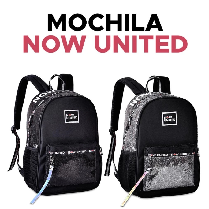 Mochila Now United com brilho Glitter Banda Pop Music Lançamento Bolso para Garrafinha Chaveiro Juvenil Adolescente