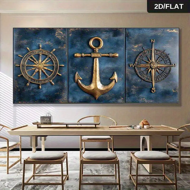 Kit 3 peças Quadros Decorativos Pintura Náutica Moderna Abstrata com Âncora