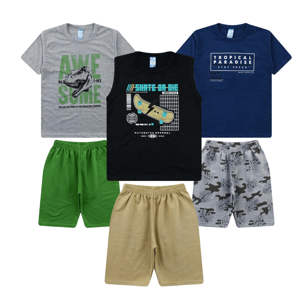 Kit 6 Peças Roupas de Verão para Meninos –Tamanhos 1 ao 16 | 3 Camisetas(Manga/ Regata) + 3 Bermuda