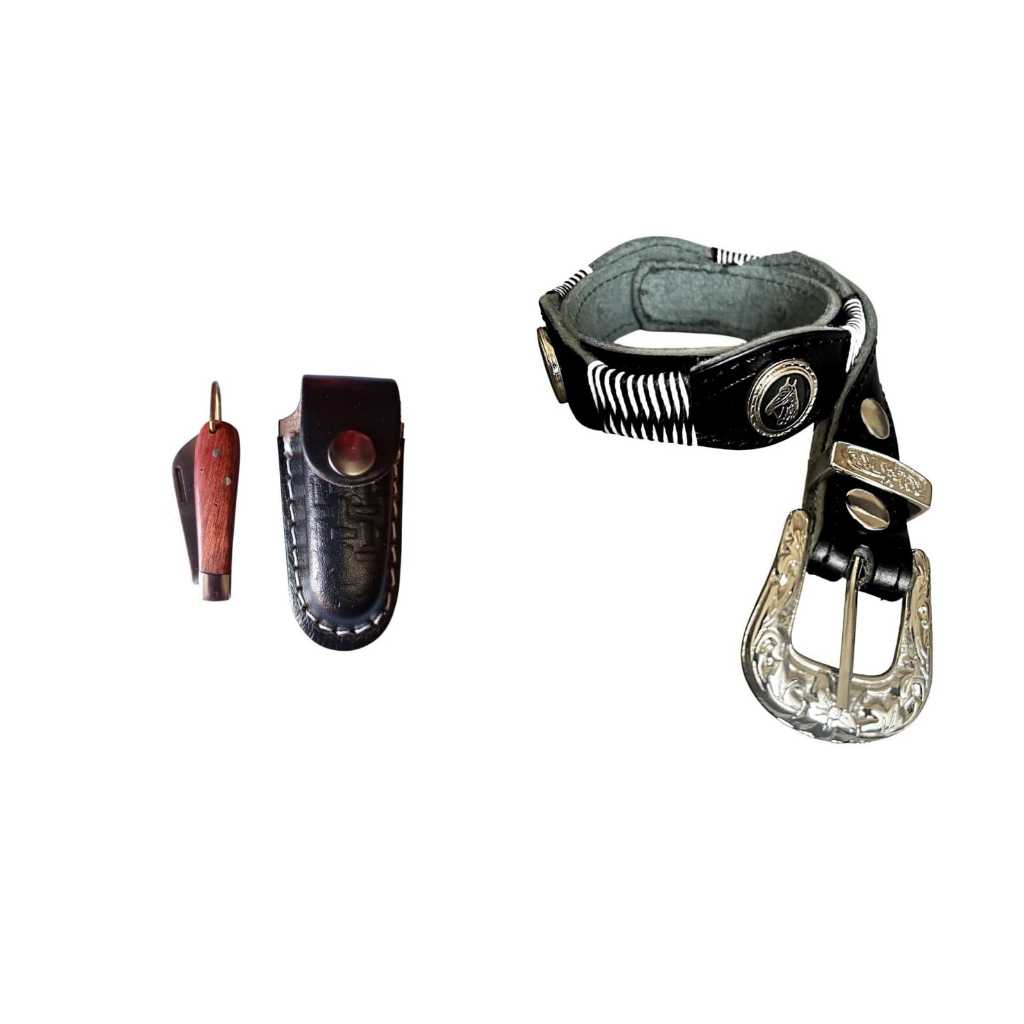 Kit Para Crianças Cinto Cavalinho Bainha De Couro E Canivete Inox