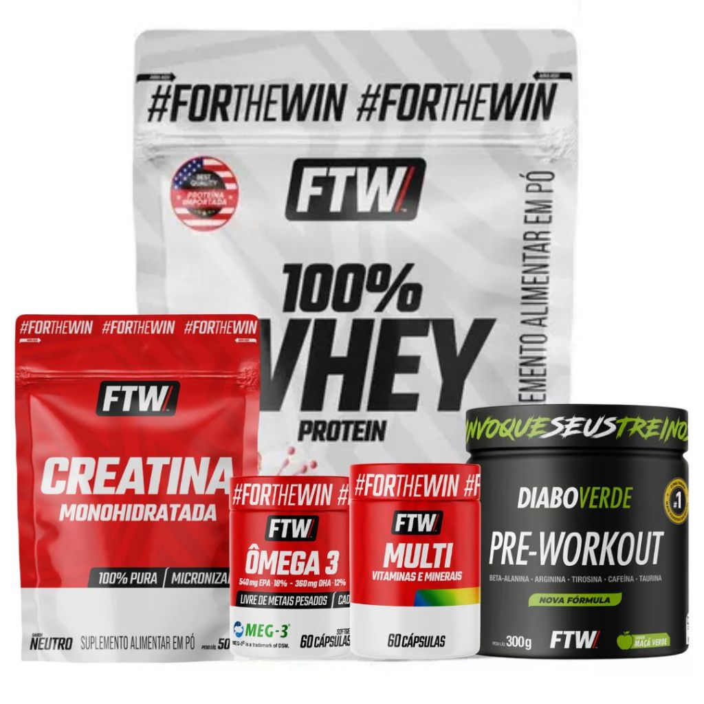 FTW Whey Protein 1Kg+ Creatina Refil 500g + PW Diabo Verde - Maçã Verde 300g + Ômega 3 60 Cáps + Multivitamínico 60 Cáps em Oferta na Shopee