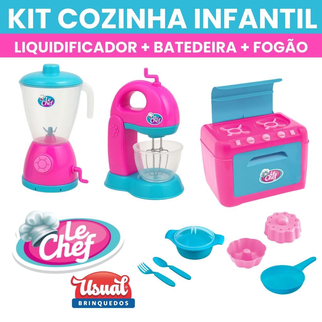 Kit Cozinha Infatil Liquidificador Batedeira Fogãozinho