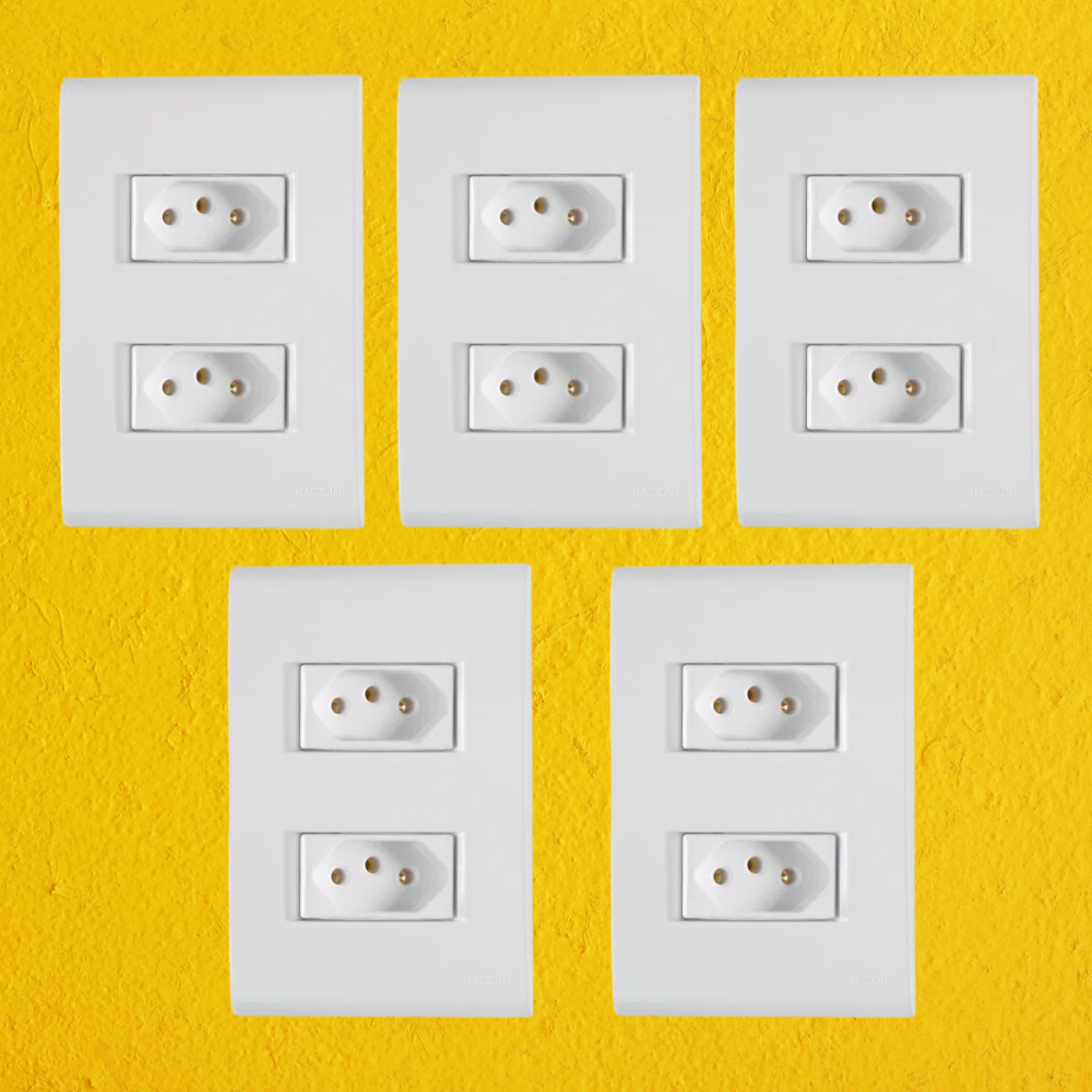 Kit 5 Conjunto Placa 2 Tomada Tramontina Linha Liz Branco 10A 250V Casa Escritório Construção Iluminação