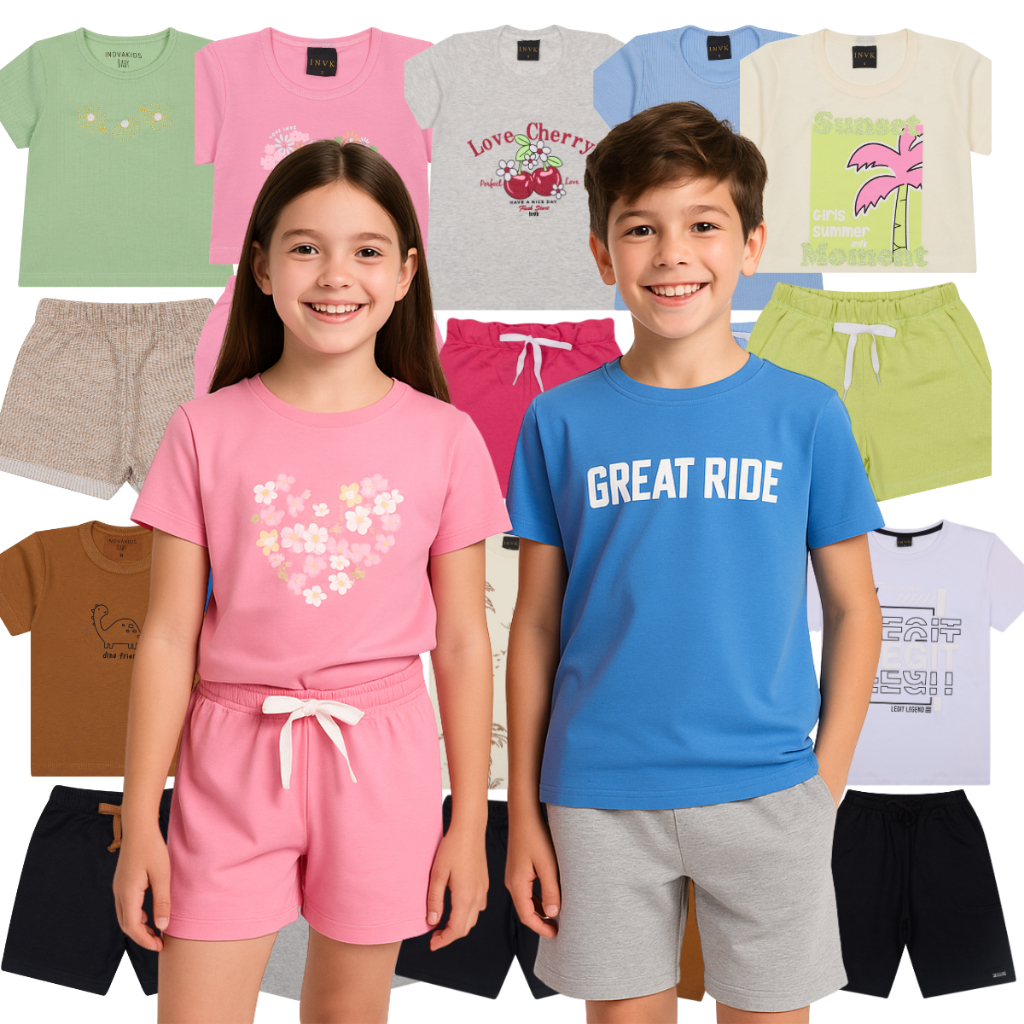 Kit 5 Conjunto 10 Peças Estampado Sortido Menino e Menina Infantil Juvenil Verão Tam 1 ao 10