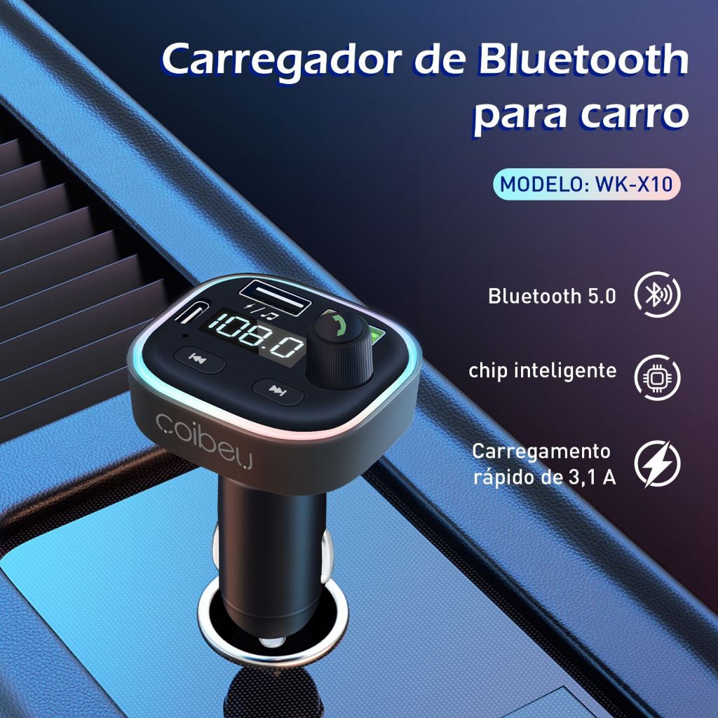 Carregador Veicular Celular Transmissor Bluetooth Fm Rádio Carro Adaptador Receptor Ligação Chamadas Musica Sem Fio