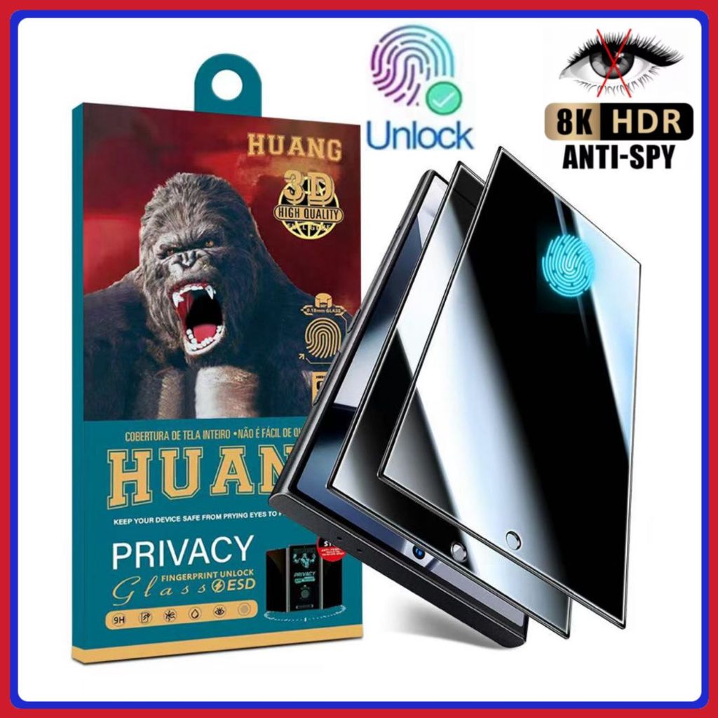 Película Privacidade 3D de Vidro temperado Funciona Digital sem Furo Samsung S22 S22 S23 S23Plus S24 S25 S25Ultra S26