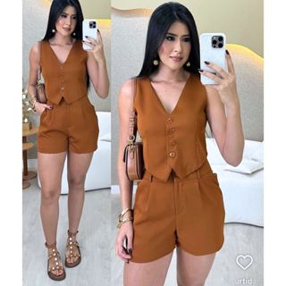 CONJUNTO FEMININ0 COLETE + SHORTS  MODA CASUAL E ELEGANTE 2026 em Oferta na Shopee