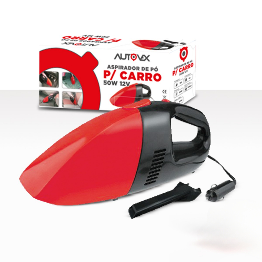 Mini Aspirador Automotivo 12V Portátil Vermelho 50W Com Bocal e Filtro Lavável