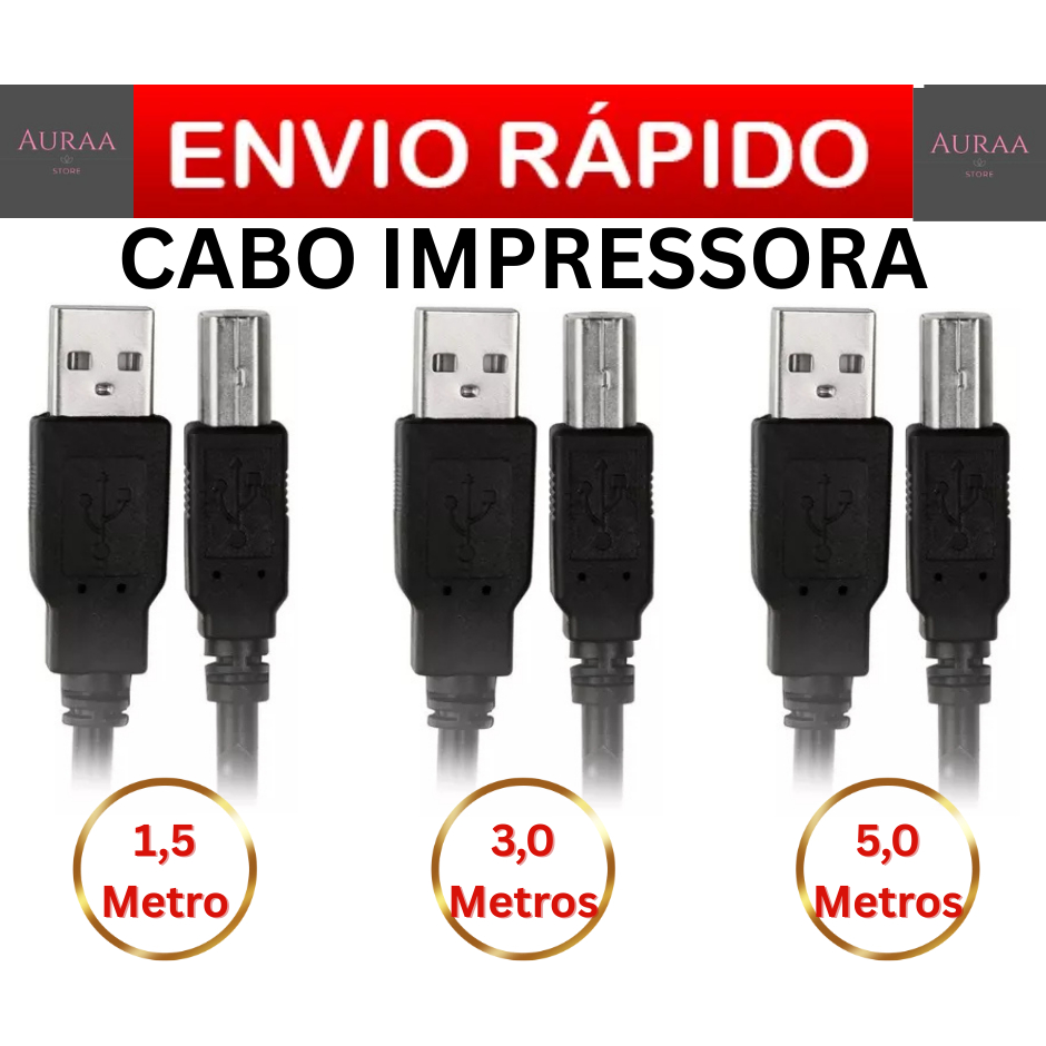 Cabo Impressora Multifuncional USB 2.0 AM/BM 1,5M 3M 5 Metros HP Epson Canon Térmica EcoTank em Oferta na Shopee
