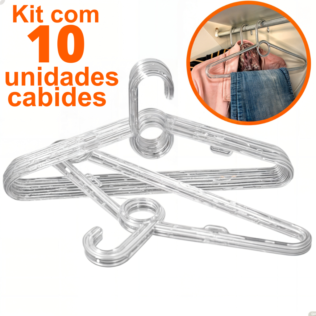 Kit 10 Cabides Adulto Acrilico Transparente Reforçado Organizador de Roupas