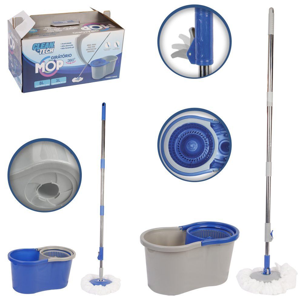 Kit Completo Mop com balde duplo Giratório 360º para Limpeza de Casa C/ Esfregão+Balde+Acessórios