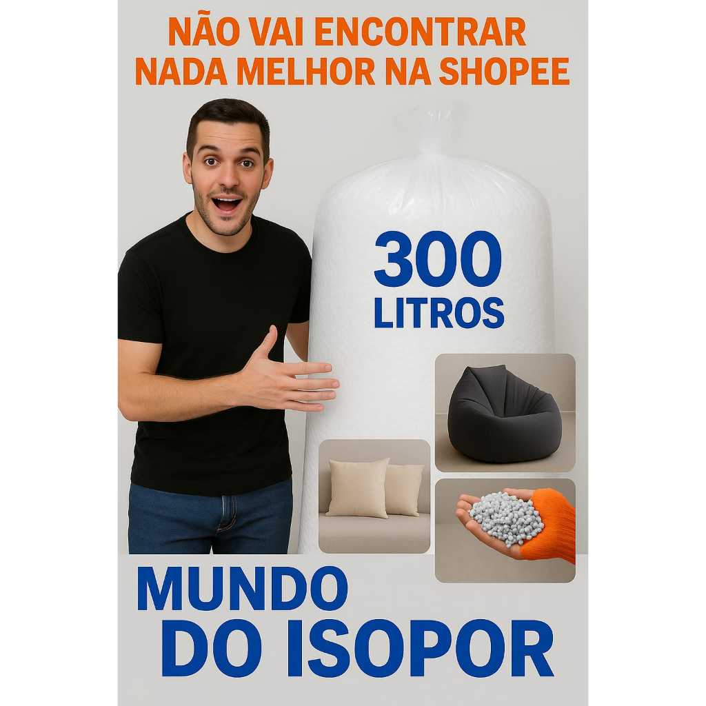 Isopor em Flocos 300LTS, para Enchimento de Puff, Almofadas, Artesanato, Concreto Leve, Isolamento Térmico e Acústico Isopor em Flocos 300LTS, para Enchimento de Puff, Almofadas, Artesanato, Concreto Leve, Isolamento Térmico e Acústico