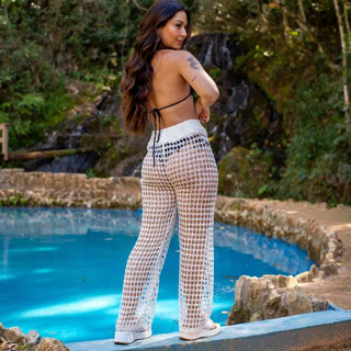 Calça de Praia P ao GG Pantalona Feminina Ajustável Saida de Praia Piscina Tricô Elegante Verão em Oferta na Shopee