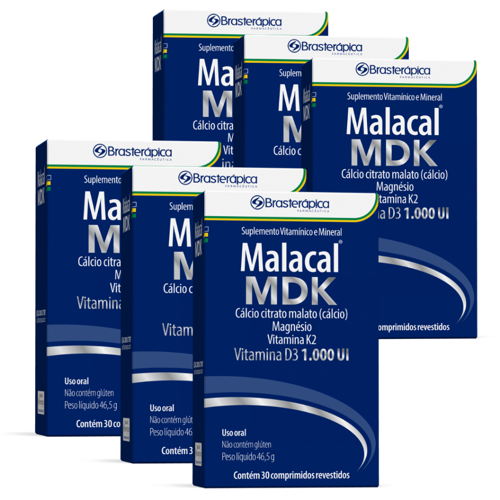 MDK Calcio Magnesio Vitamina D3 e K2 Malacal MDK Kit C/ 6 unidades 180 Comprimidos