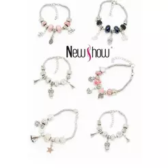 KIT 6 Pulseira Berloques Prateada, Rose e Dourada Estilo Feminina (Modelo aleatório)