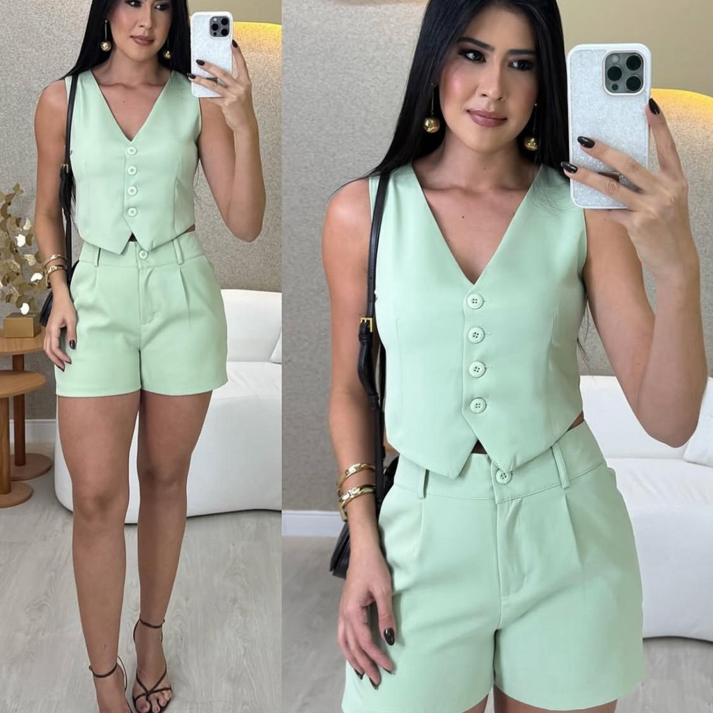 🔥CONJUNTO FEMEINO EN CORTE ALFAIATARIA TENDENCIA DE VERÃO 2026🔥 SHORT +COLETE🔥 em Oferta na Shopee