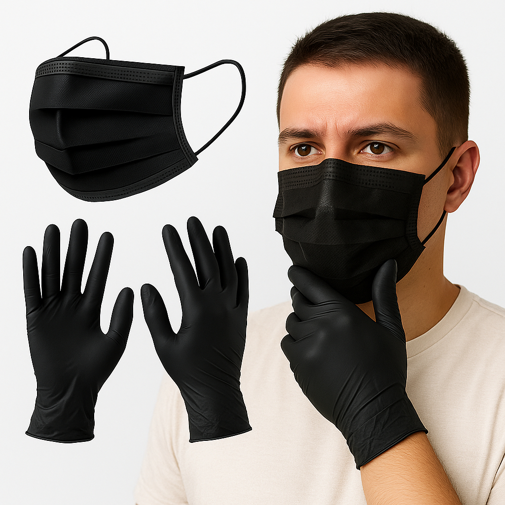 Kit Luva Nitrílica Preta 100und + Máscara preta 50und em Oferta na Shopee