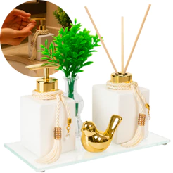 Kit Lavabo Vidro Cubo Branco 250ml Saboneteira e Difusor + Bandeja Espelhada C/ Enfeite e Vaso