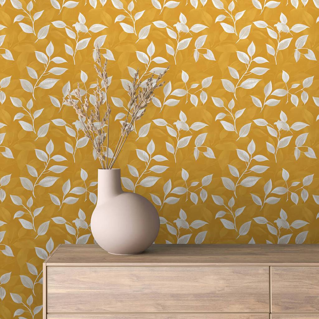 Papel De Parede Para Quarto Sala Floral Folhagens Amarelas Laranja adesivo Lavavel Autocolante