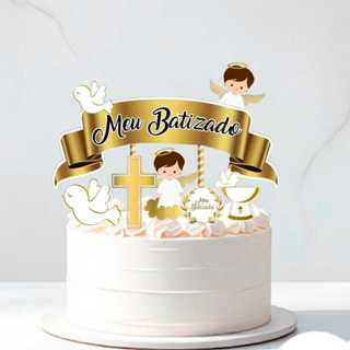 Kit 1 Topo De Bolo Batizado Menino Dourado  + 5 Topper Doce em Oferta na Shopee