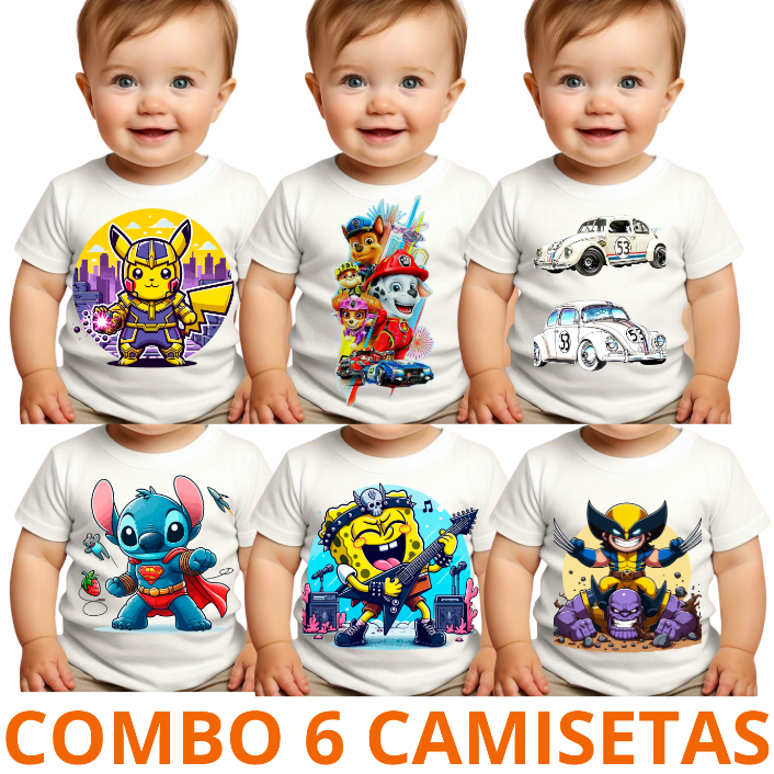 Kit Combo 6 Camiseta Blusa Infantil Unissex Temas Herois Super Presente Não Amassa Poliéster
