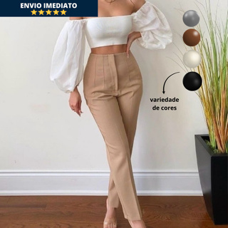 Calça Alfaiataria Feminina Cintura Alta Com Ziper  ZR 020 Lançamento Social Slim Fino Elegante Empresaria Blogueira em Oferta na Shopee