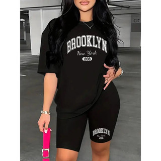 Conjunto Feminino Camiseta+Bermuda Cós Alto Brooklyn New York Academia