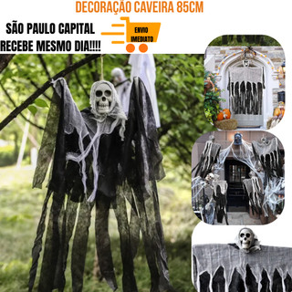 CAVEIRA DE DECORAÇÃO PENDENTE HALLOWEEN FANTASMA FESTA DAS BRUXAS 85CM CAVEIRA TECIDO DECORAÇÃO HALL PORTA FANTASMA