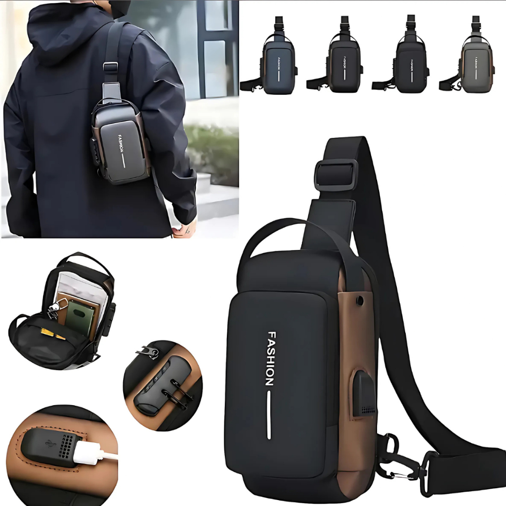 Mochila de Ombro Transversal (2088040) Compacta Unilateral USB Trava de Código Resistente água