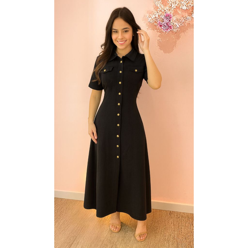 Vestido Feminino Chemise Longo Manga Curta Alfaiataria Sensorial Com Botão Manguinha Vestido Luxo Elegante Evangélica