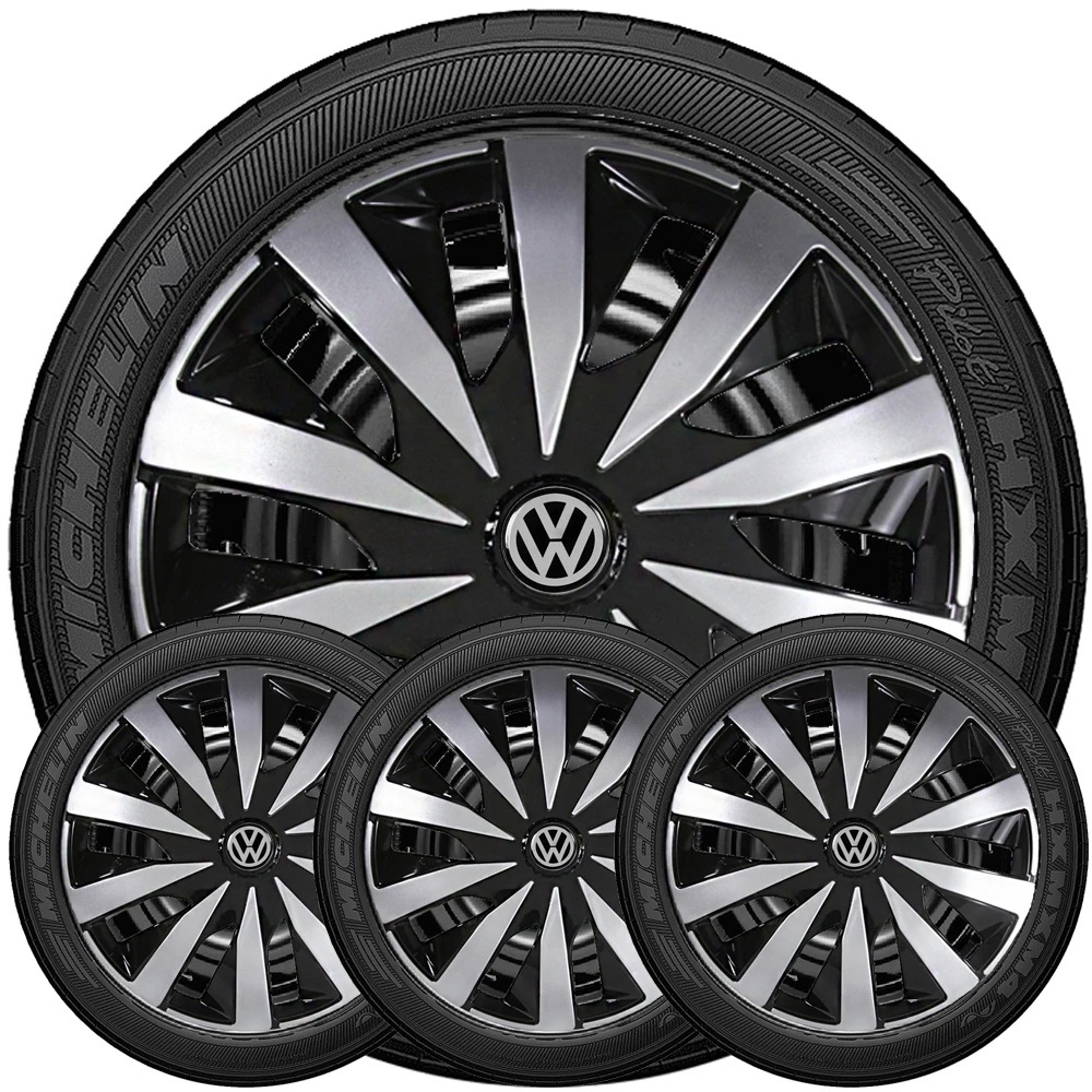 Kit 4 Calotas Esportivas Aro 13/14/15 MODELO NOVO SEVEN Aro 13/14/15 Universal Todos os Carros Preto com Prata