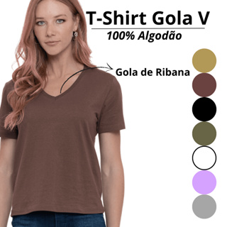T-Shirt Feminina Básica Decote V Algodão Moda 505261-A em Oferta na Shopee