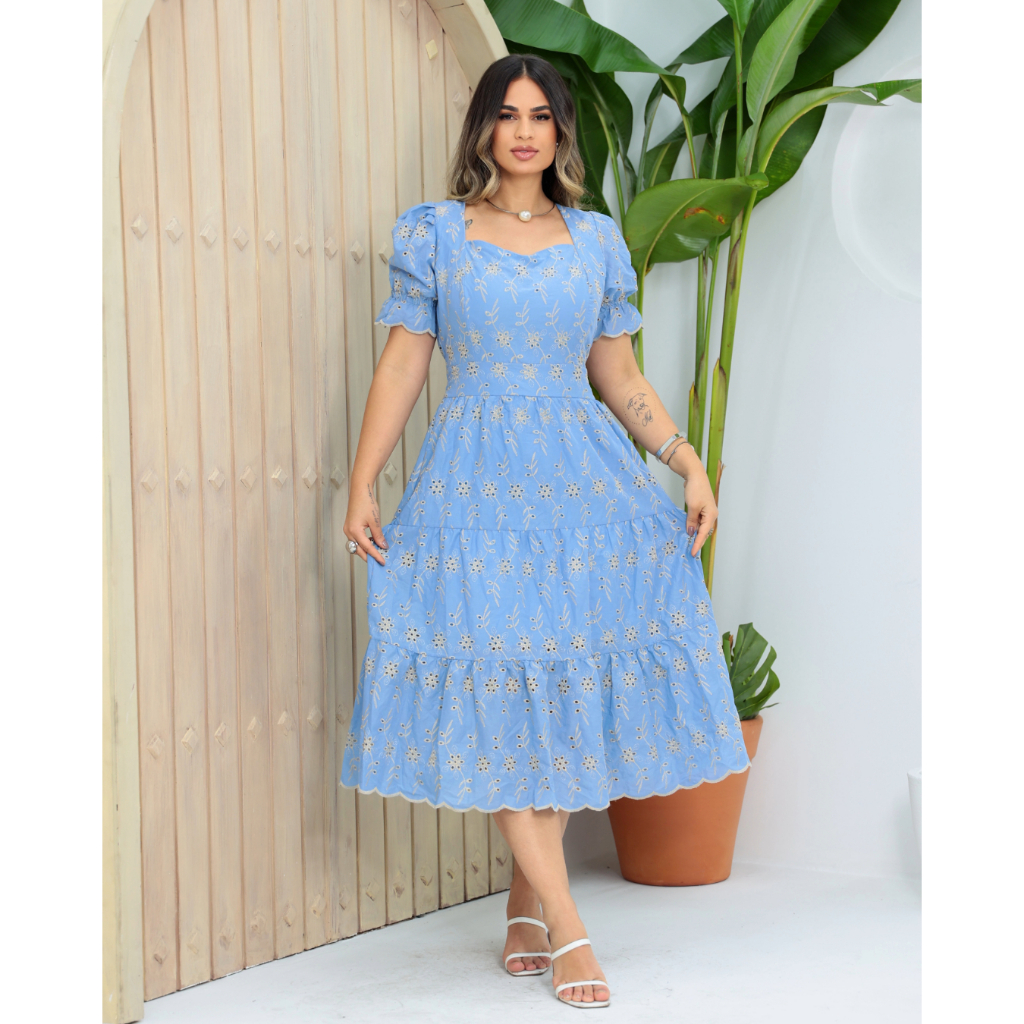 Vestido Midi luxo laise CORAÇÃO borado 3d e liso lastex nas costas e manga em Oferta na Shopee