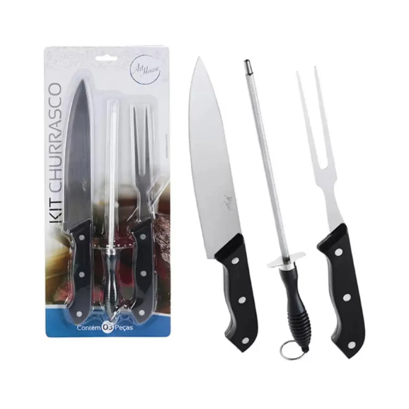 Kit Churrasco Jogo De Faca Inox e Chaira Amolador Cabo Preto