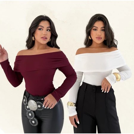 Blusa Ombro a Ombro Feminina Gola Babado Manga Longa Rivana Elegante