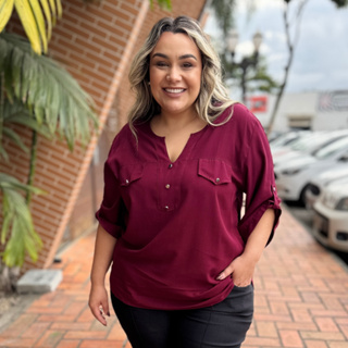 Camisa Plus Size Social Feminina Soltinha Elegante Lisa Manga 3/4 em Oferta na Shopee
