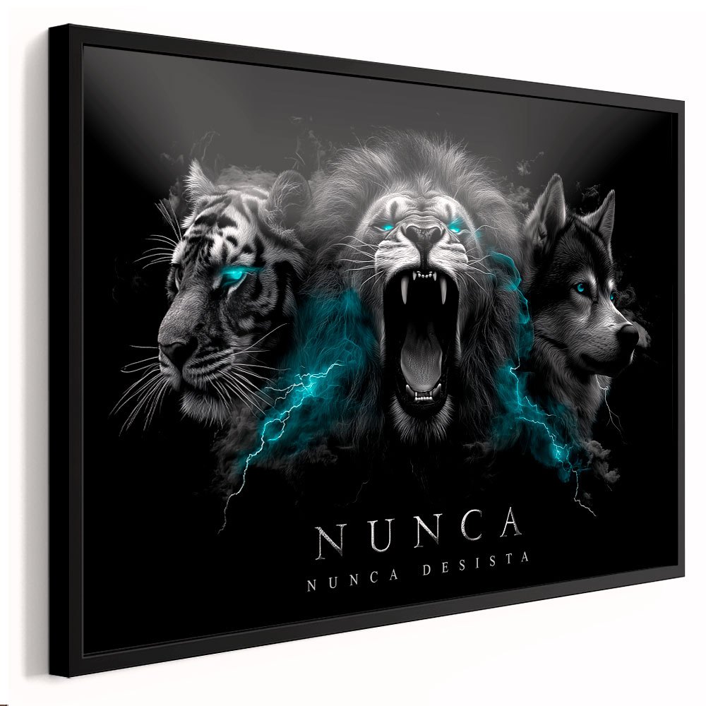 Quadro Decorativo Nunca Desista | Leão, Tigre e Lobo com Raios em Oferta na Shopee