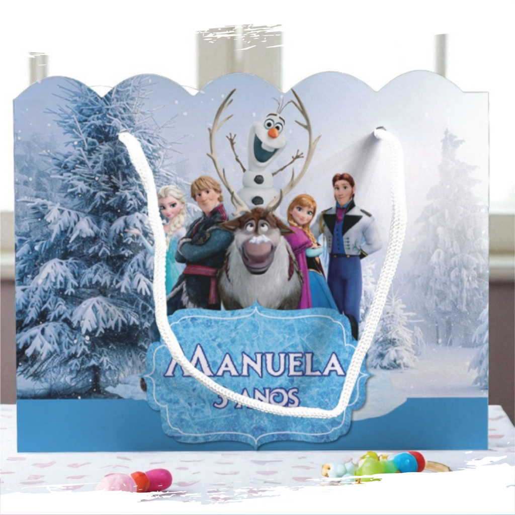 Sacolinha de Festa Frozen Lembrancinha Personalizada Kit Festa Sacola Ondulada Elsa Anna Olaf Princesa Azul