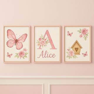 Quadro decorativo 3 peças Borboleta Rosa Flores Personalizado com nome decoraçao quarto infantil em Oferta na Shopee