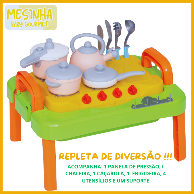 Mesinha Panelinhas Utensílios Mesa Cozinha Infantil Baby Gourmet Menina e Menino