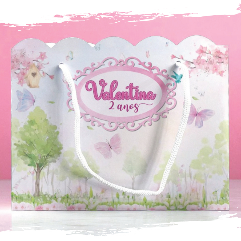 Sacolinha de Festa Jardim Encantado Lembrancinha Personalizada Kit Festa Sacola Ondulada Floral Borboleta