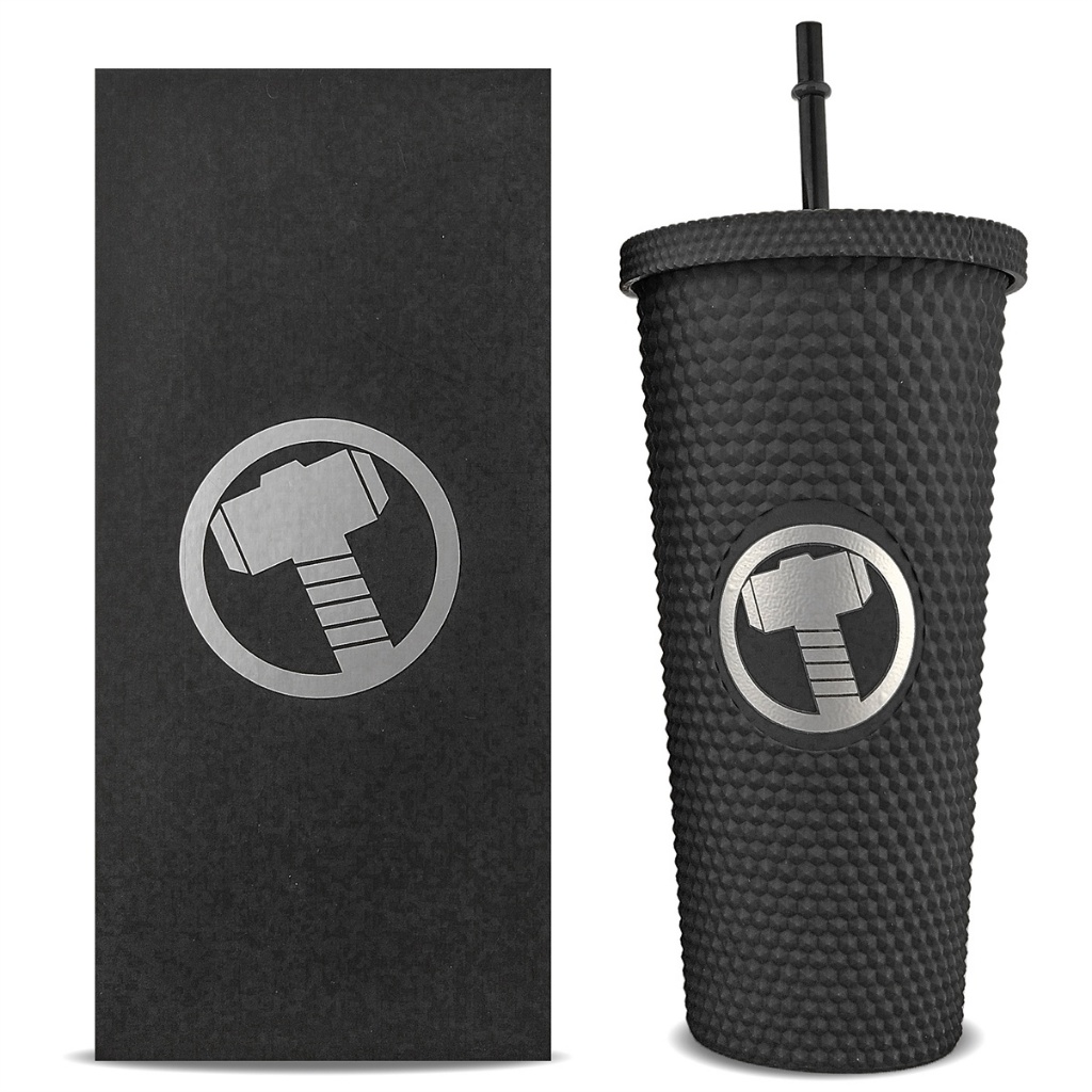 Copo Marvel Thor Preto Stiff 710ml Com Canudo Reutilizável Resistente