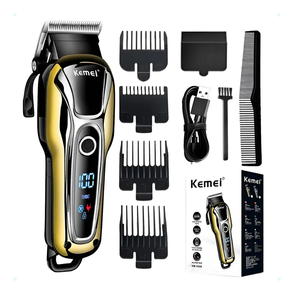 Máquina Cortar Cabelo Kemei Profissional Sem fio Recarregável KM-1990 Dourada em Oferta na Shopee