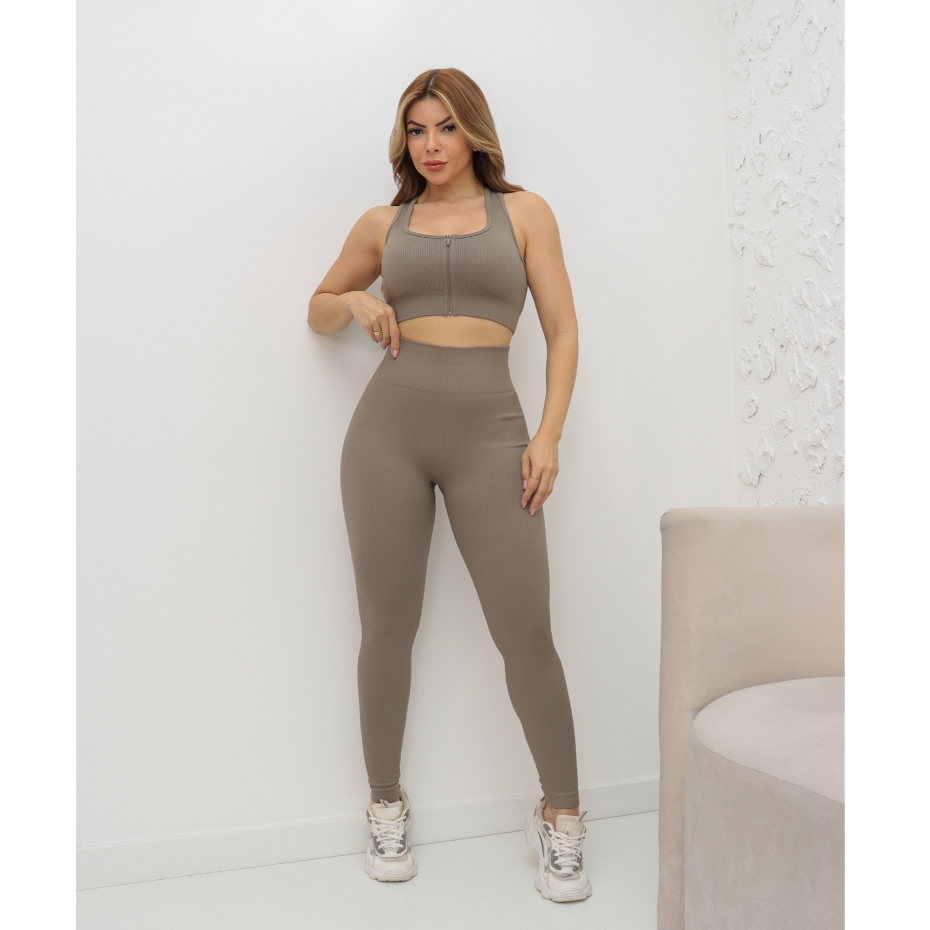 Conjunto Academia Feminino Esportivo Poliamida Canelado Fitness Elástico Ziper 3RD SD1693 em Oferta na Shopee