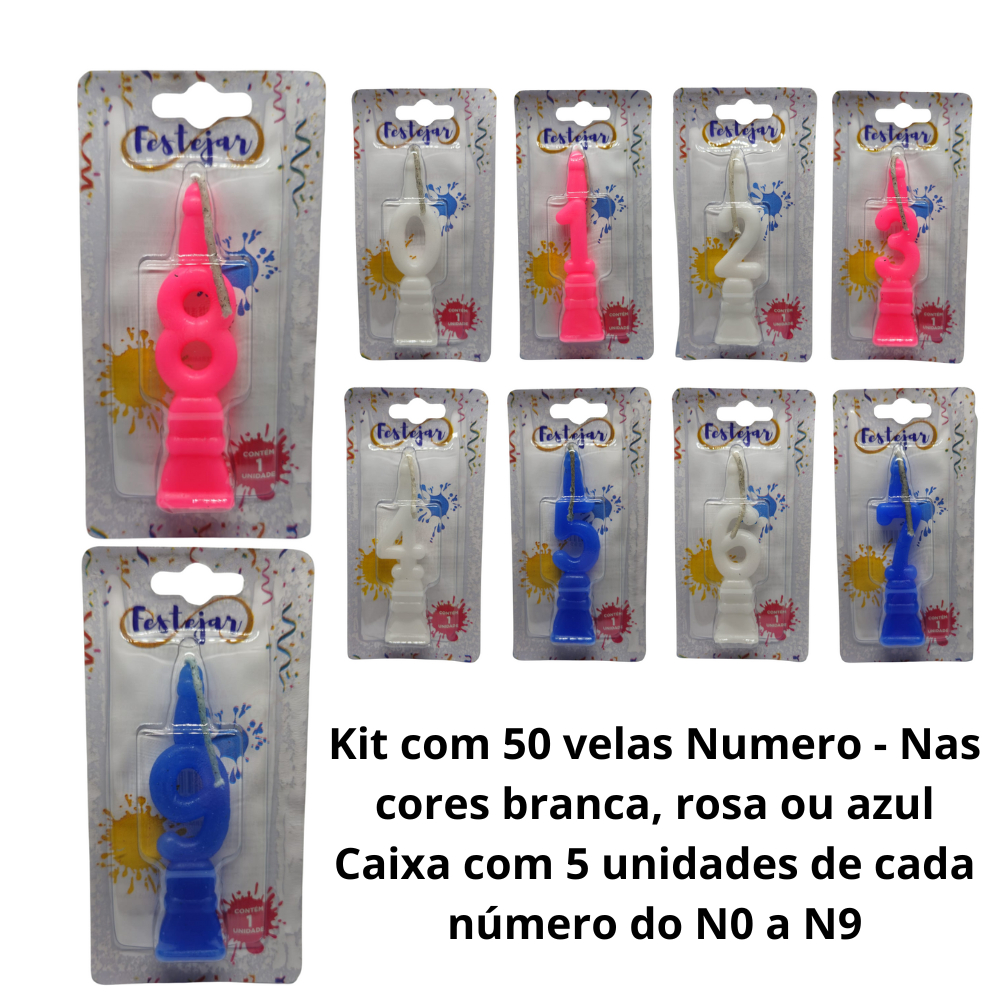Kit 50 Vela Numero do N0 até o N9 5 unidades de cada número - Atacado  Cores: Branco Azul Rosa
