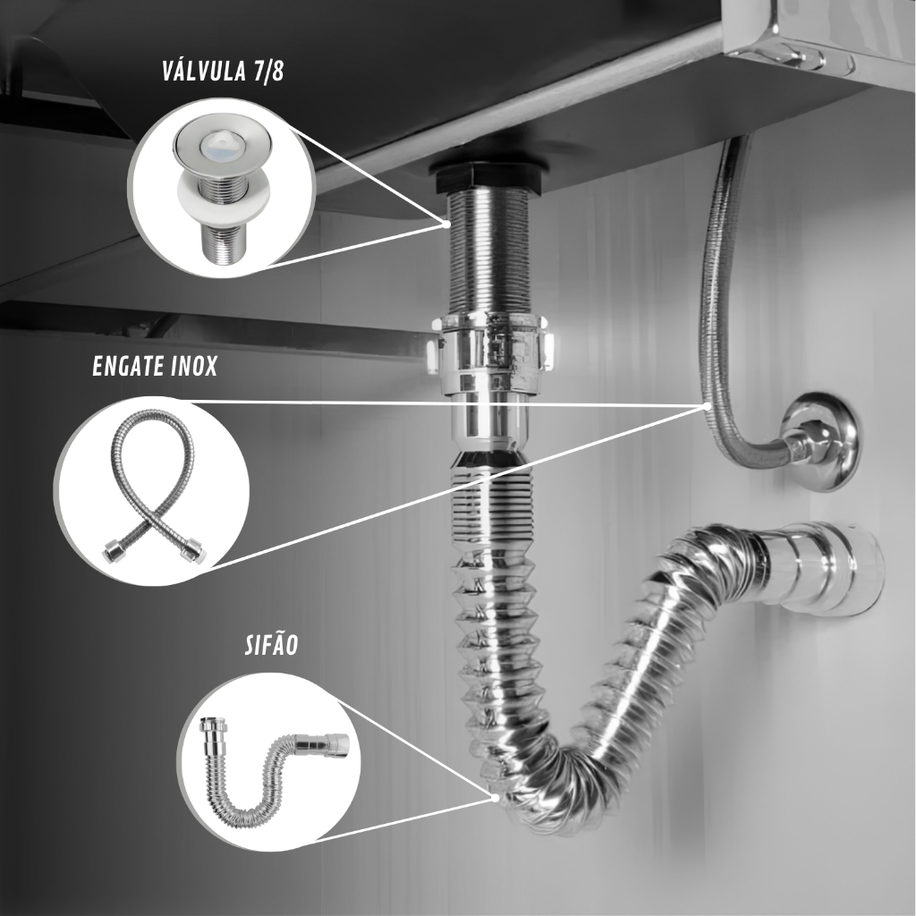 Kit Válvula Lavatório 7/8 ABS CR + Sifão Universal Cromado + Engate 50 CM Inox Trançado em Oferta na Shopee