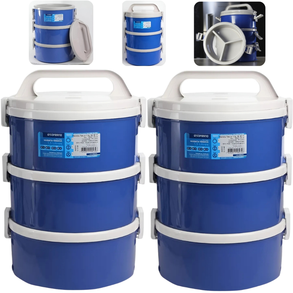 Kit Jogo 2 Marmita Térmica 6 Peças 1,5 Litros Tekcor Azul Divisória Com Presilha e Alça Soprano