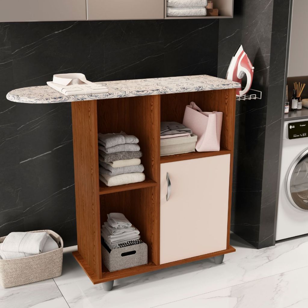 Tabua de Passar Miami Mesa Lavanderia Suporte para Ferro Multiuso Roupas Com 1  Porta Branco Freijó