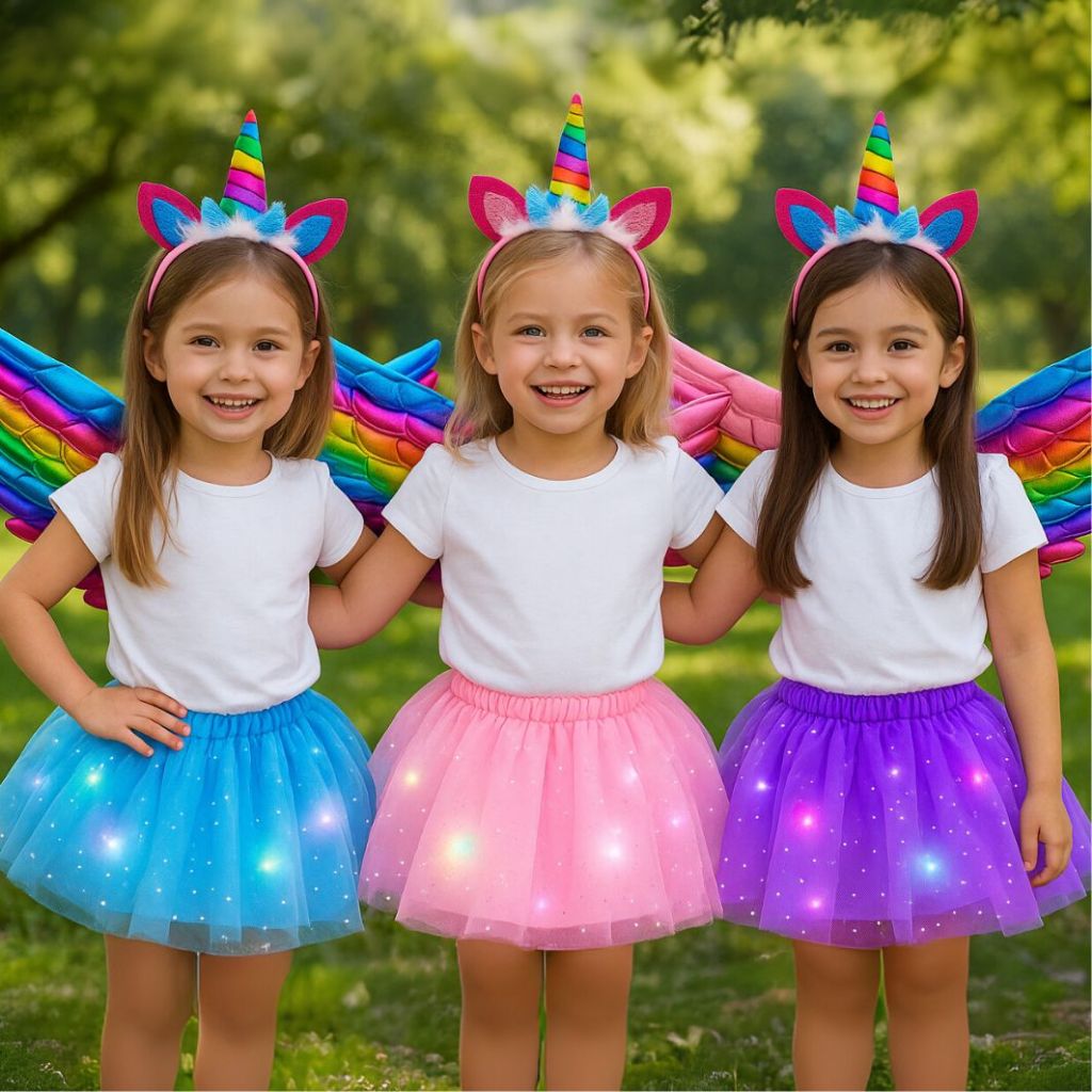 Fantasia Unicórnio Infantil com LED Pisca Completa Asa+Saia+Tiara Chifre- Festa Aniversário Carnaval